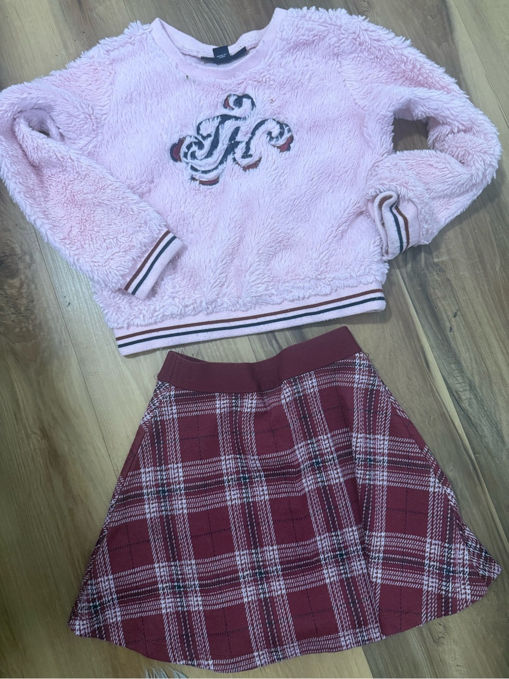 Tommy Hilfiger Pink Fuzzy Sweater with Burgundy Plaid Skirt